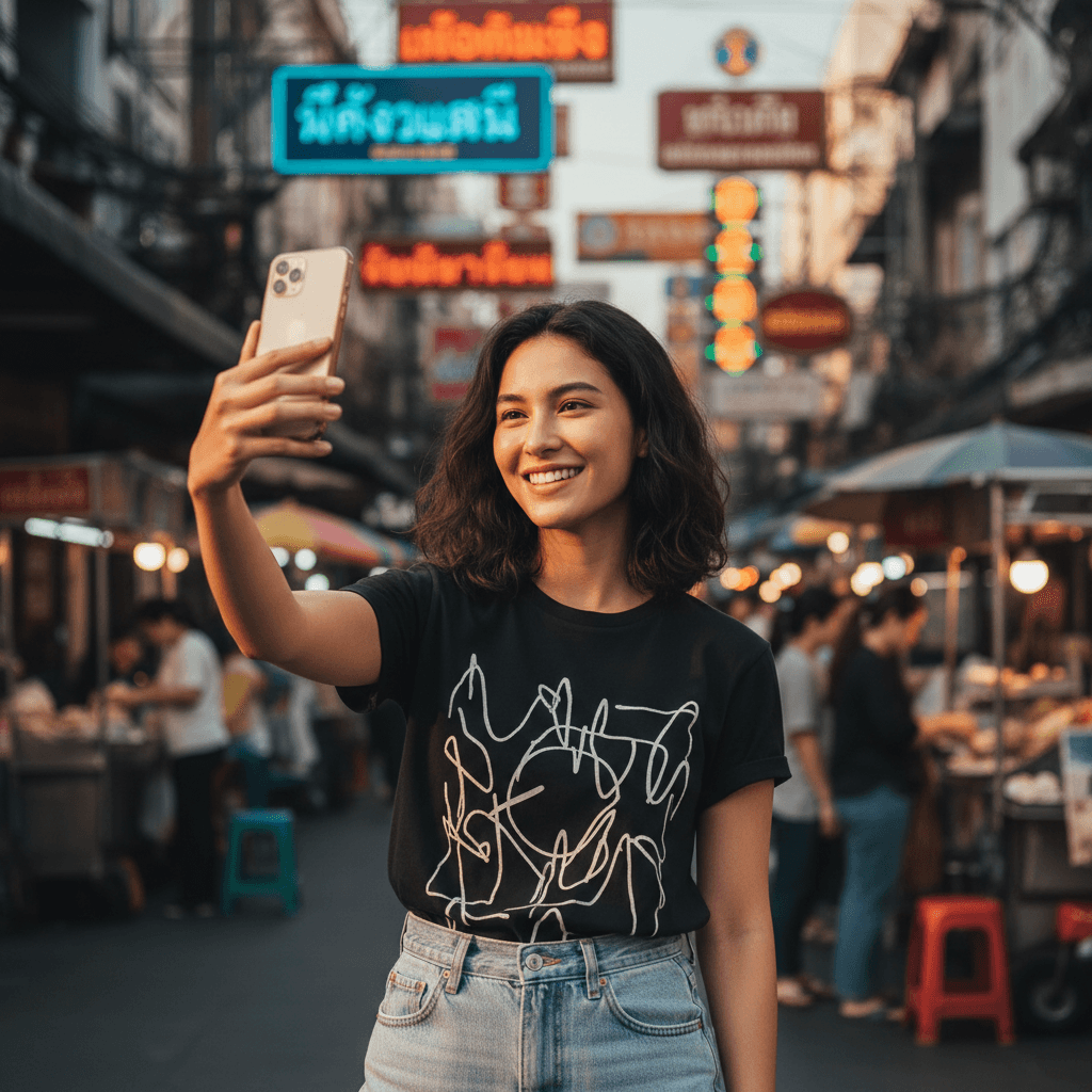 A Bangkok creator taking a selfie on a vibrant Bangkok street