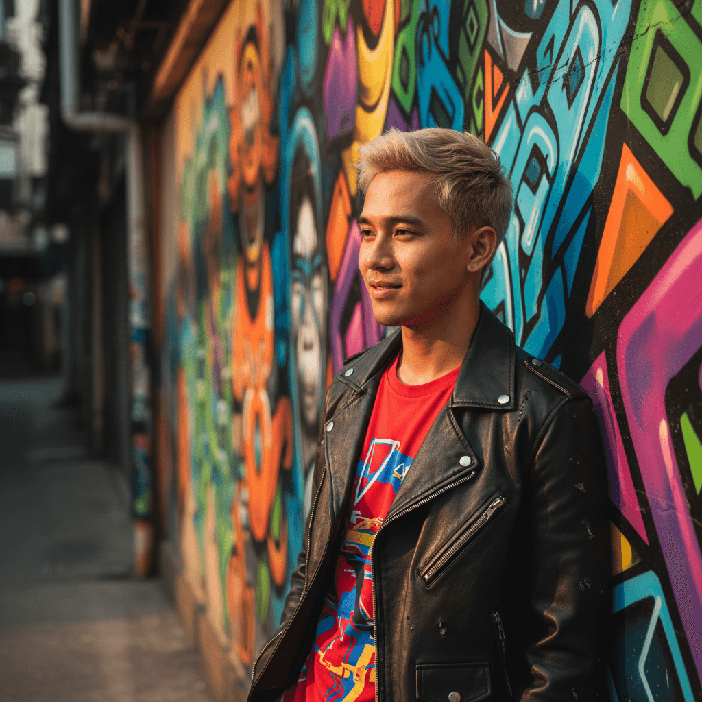A Bangkok creator in a red tee and leather jacket against street art