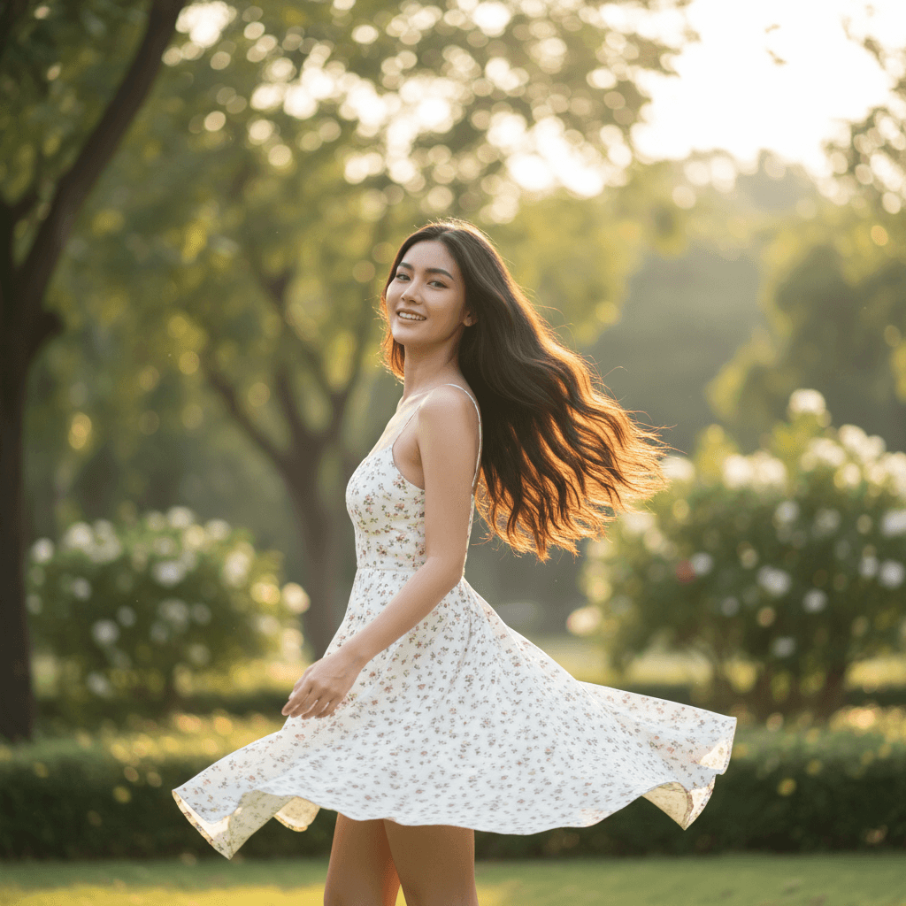 A Bangkok creator in a white floral sundress twirling in a park