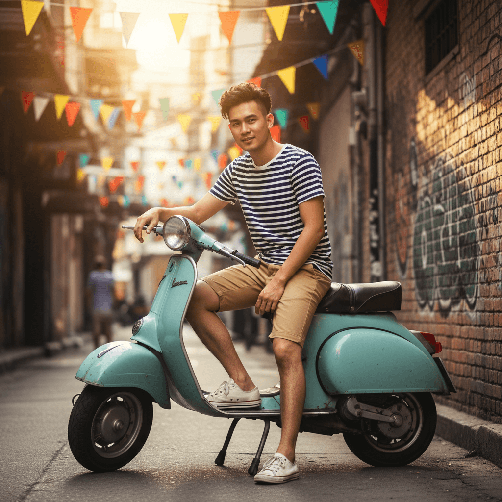 A Bangkok creator on a Vespa in a sailor-stripe tee
