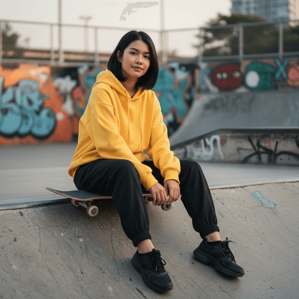 A Bangkok creator in a yellow hoodie at a skate park