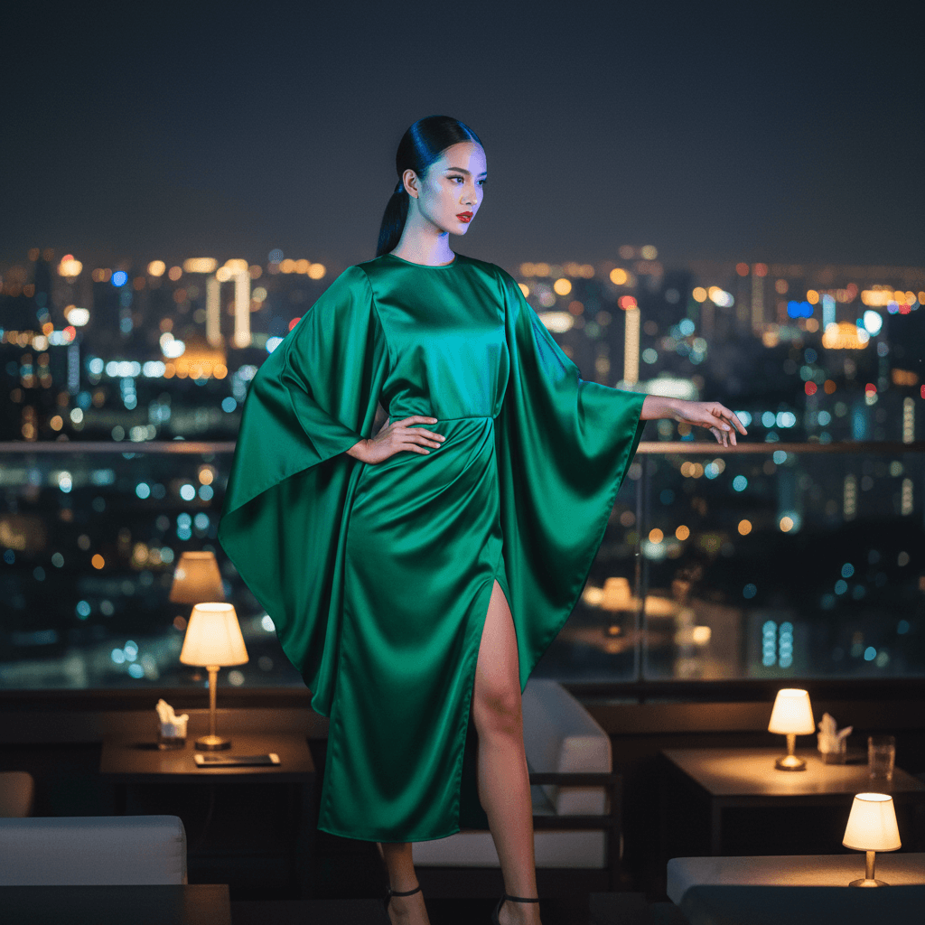 A Bangkok creator in an emerald silk dress at a rooftop bar