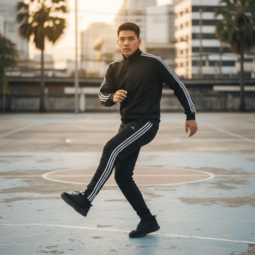 A Bangkok creator in a tracksuit on a basketball court