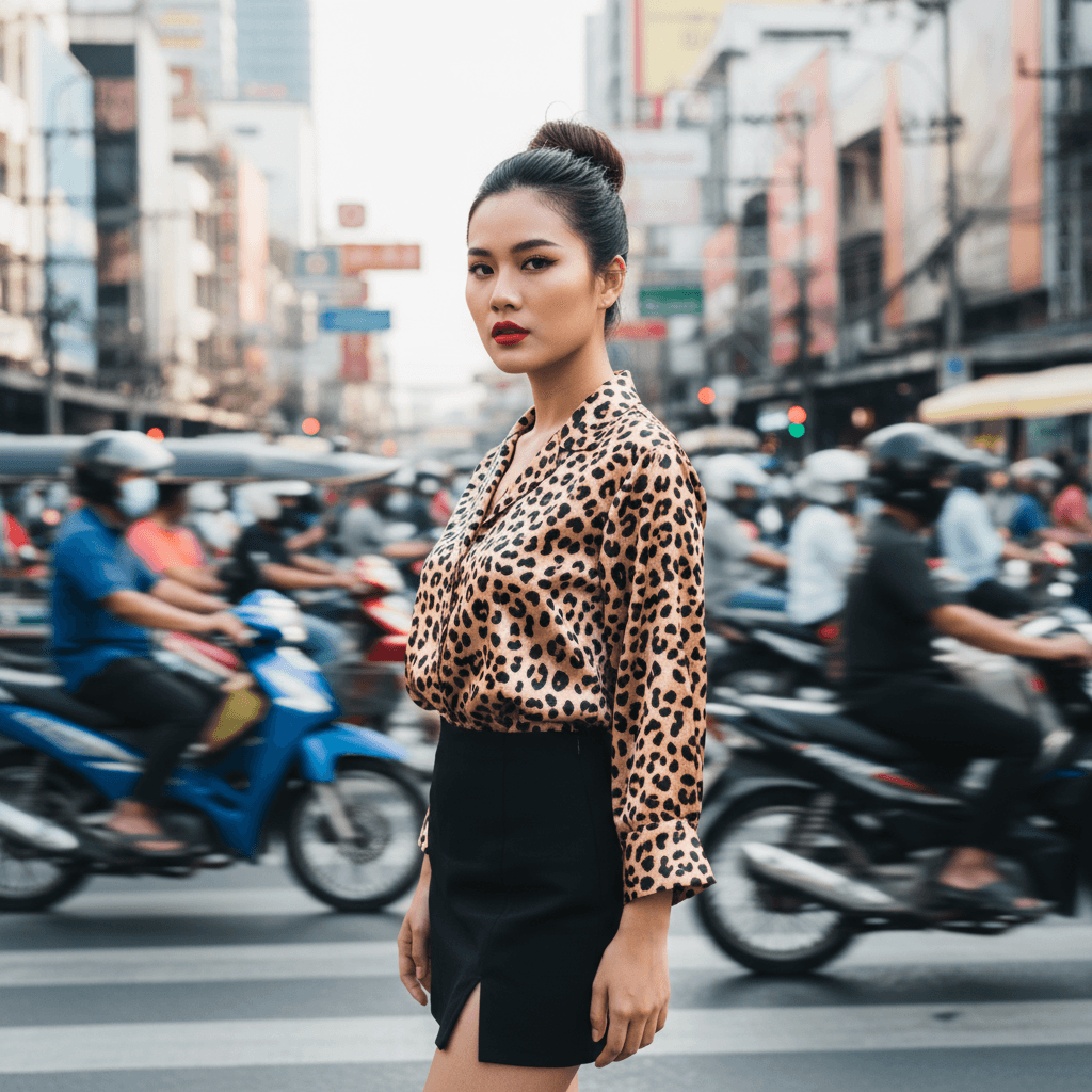 A Bangkok creator in leopard print at a crosswalk