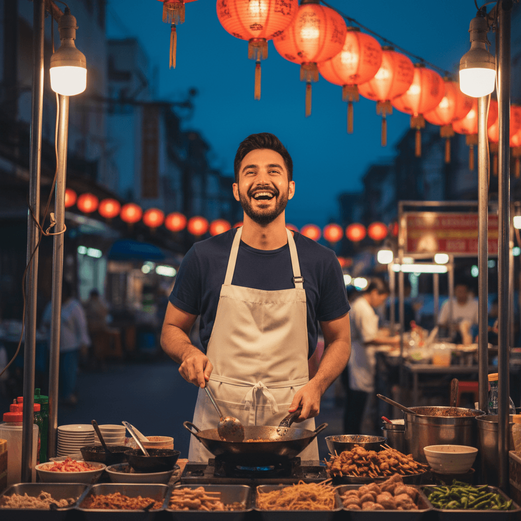 A Bangkok creator with a kitchen apron at a Chinatown hawker stall