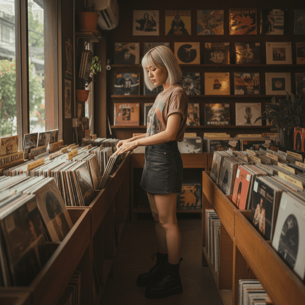 A Bangkok creator in a band tee browsing vinyl at a record store