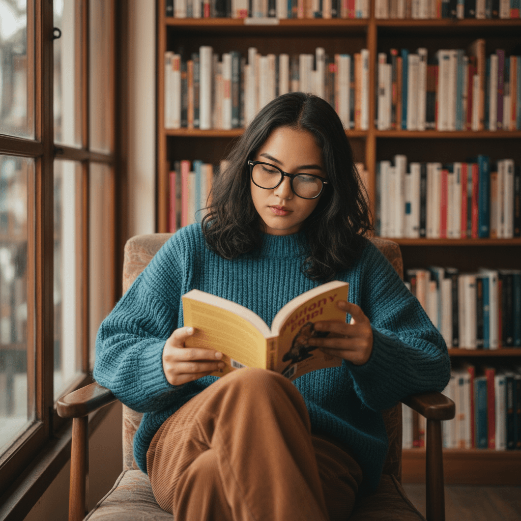 A Bangkok creator in a teal sweater reading in a bookshop