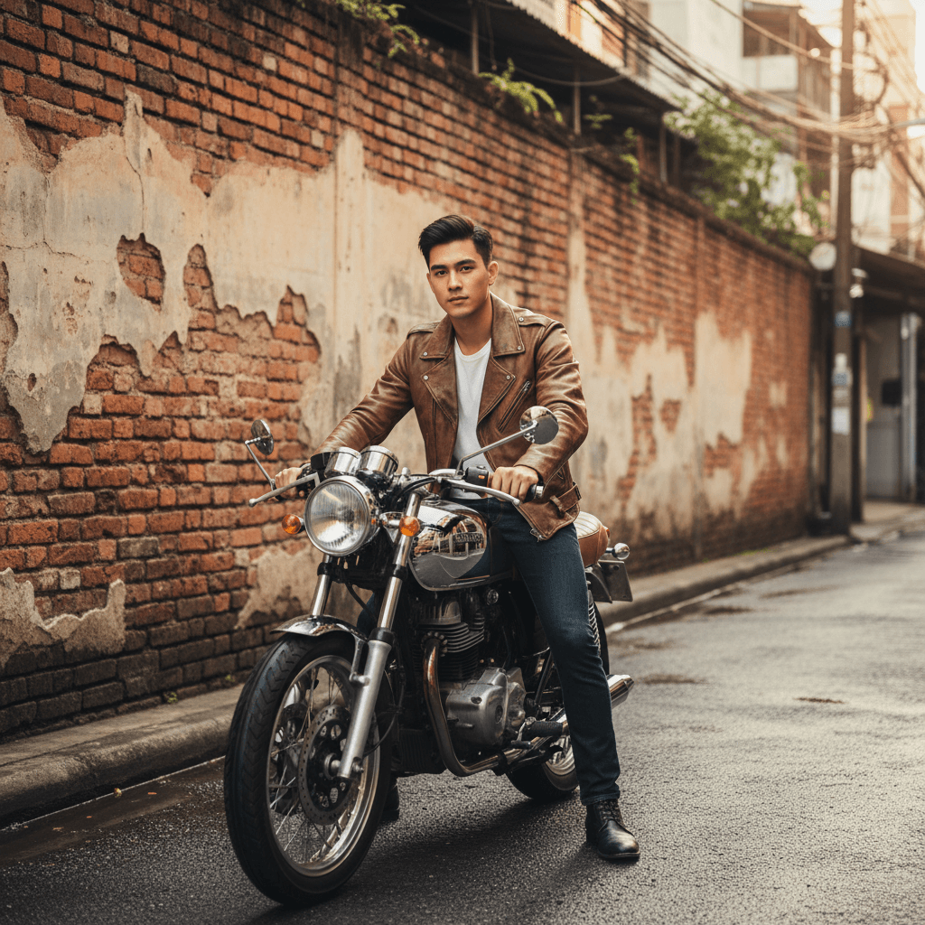 A Bangkok creator on a vintage motorcycle at golden hour