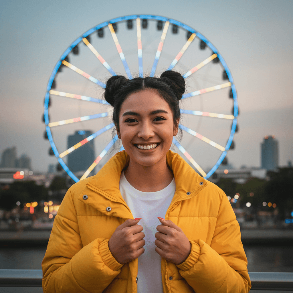 A Bangkok creator in a yellow puffer at a Ferris wheel at twilight